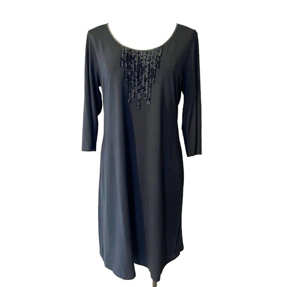 Eileen Fisher Dress Black M Medium Pleated Bib Washable A Line Stretch - Picture 2 of 10